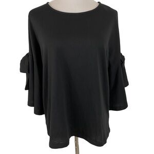 Pleione Womens Blouse Top Size Medium Tie Sleeves Solid Black 3/4 Bell Sleeves